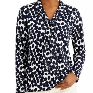 Charter Club Navy Polka Dot Long Sleeve V-Neck, Tie-Neck Detail, Size Petite-PP